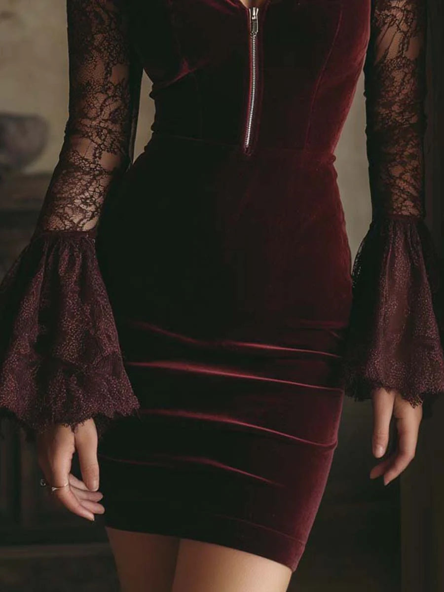 NÚRIA™║Vestido mini ajustado de terciopelo y encaje en color burdeos