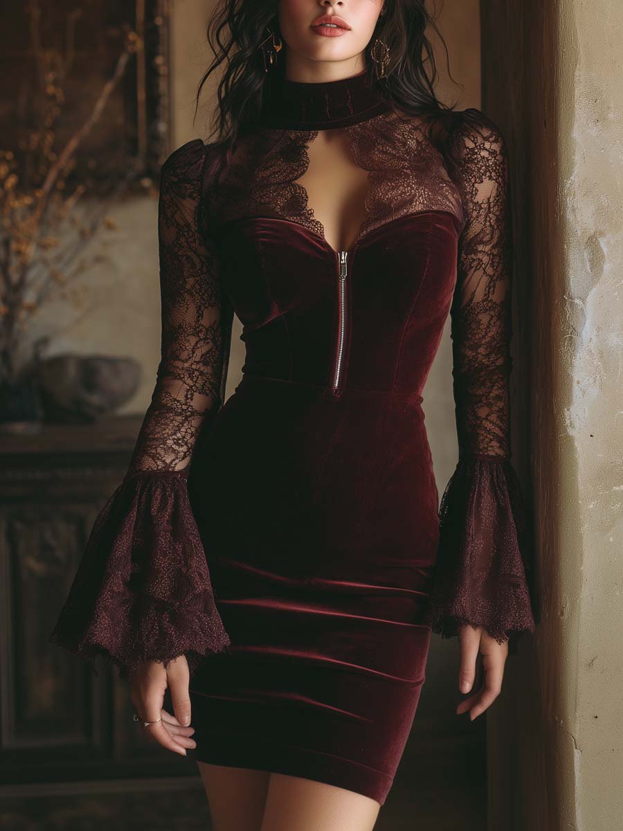 NÚRIA™║Vestido mini ajustado de terciopelo y encaje en color burdeos