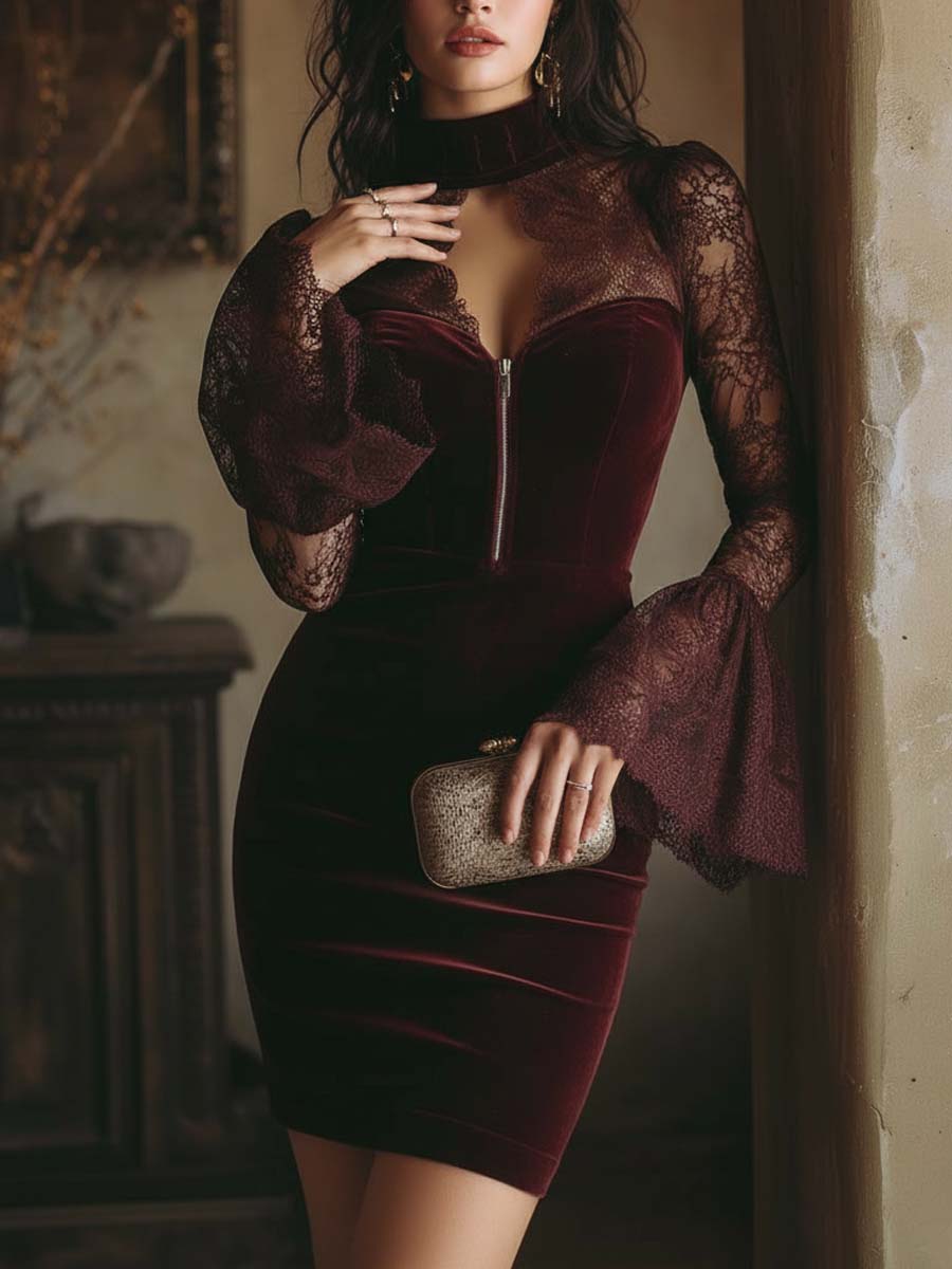 NÚRIA™║Vestido mini ajustado de terciopelo y encaje en color burdeos