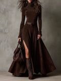 Vestido de Ante Sintético con Cuello Alto, Manga Larga y Abertura (Incluye cinturón)