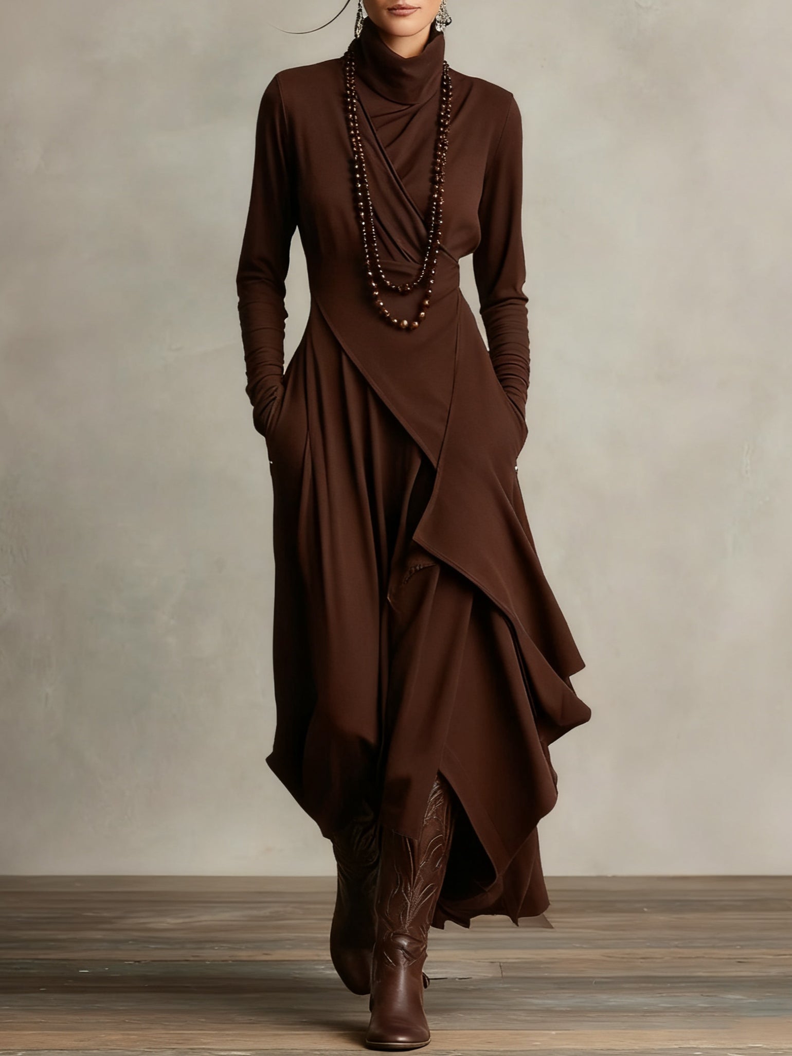 AURELIA™║Vestido largo plisado asimétrico con cuello alto
