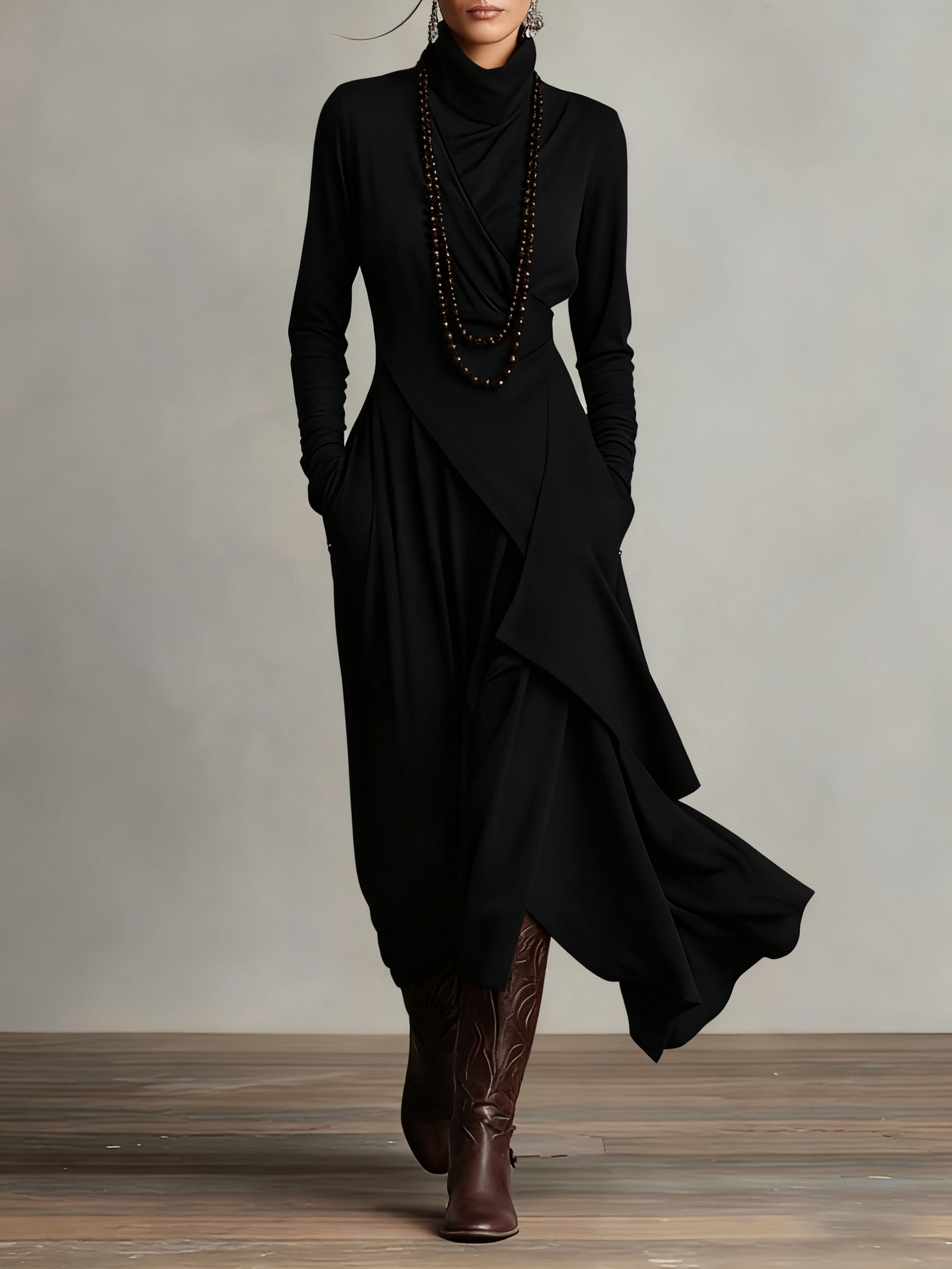 AURELIA™║Vestido largo plisado asimétrico con cuello alto
