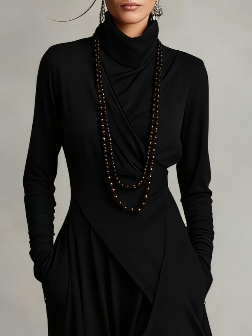 AURELIA™║Vestido largo plisado asimétrico con cuello alto