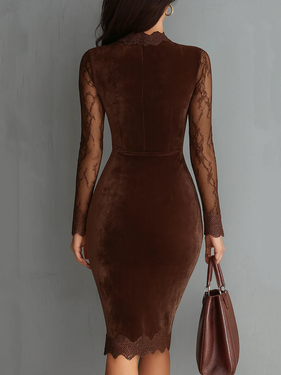 GIOIA™║Mini vestido de terciopelo con cuello vintage y mangas de encaje marrón