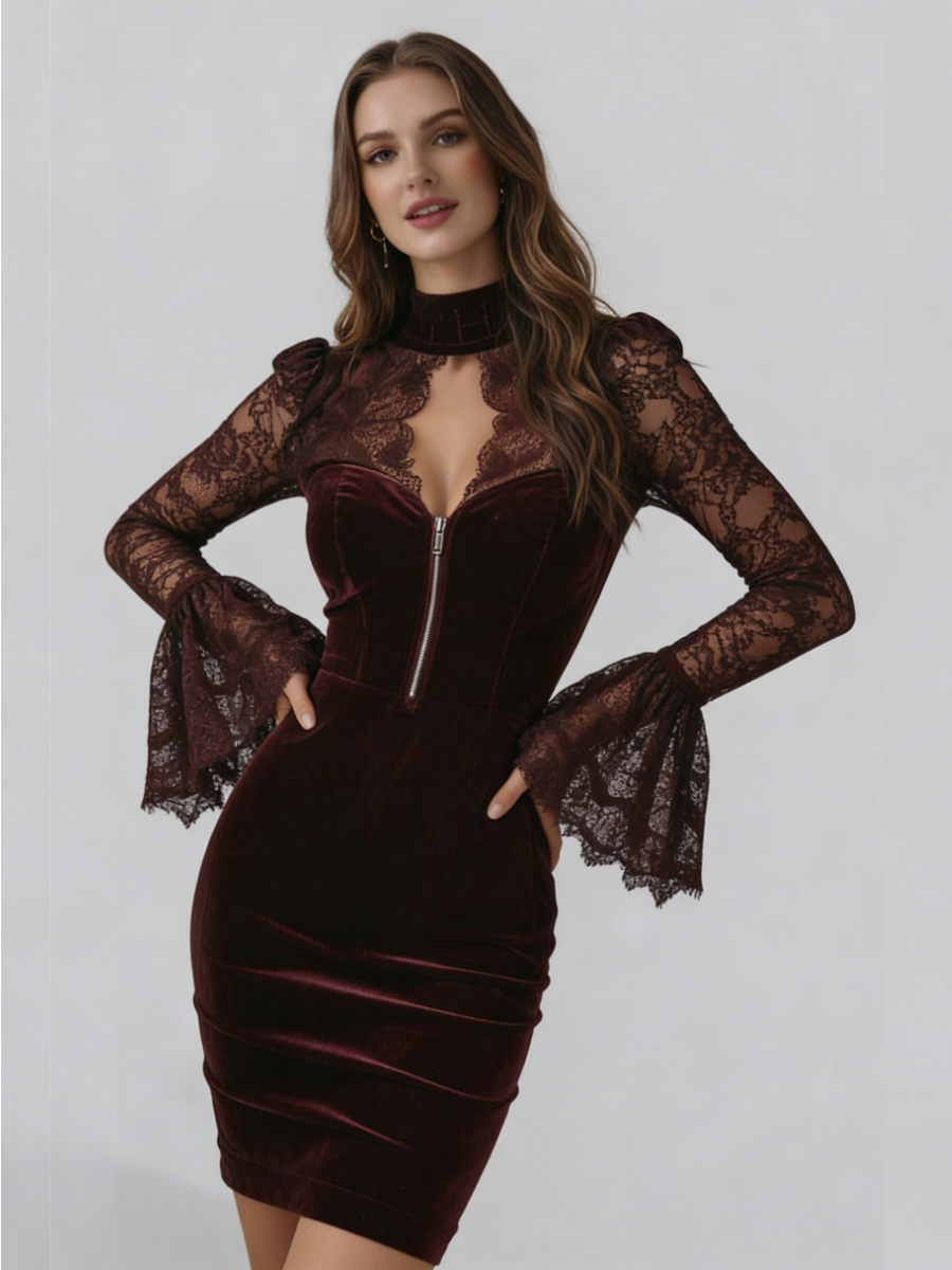 NÚRIA™║Vestido mini ajustado de terciopelo y encaje en color burdeos