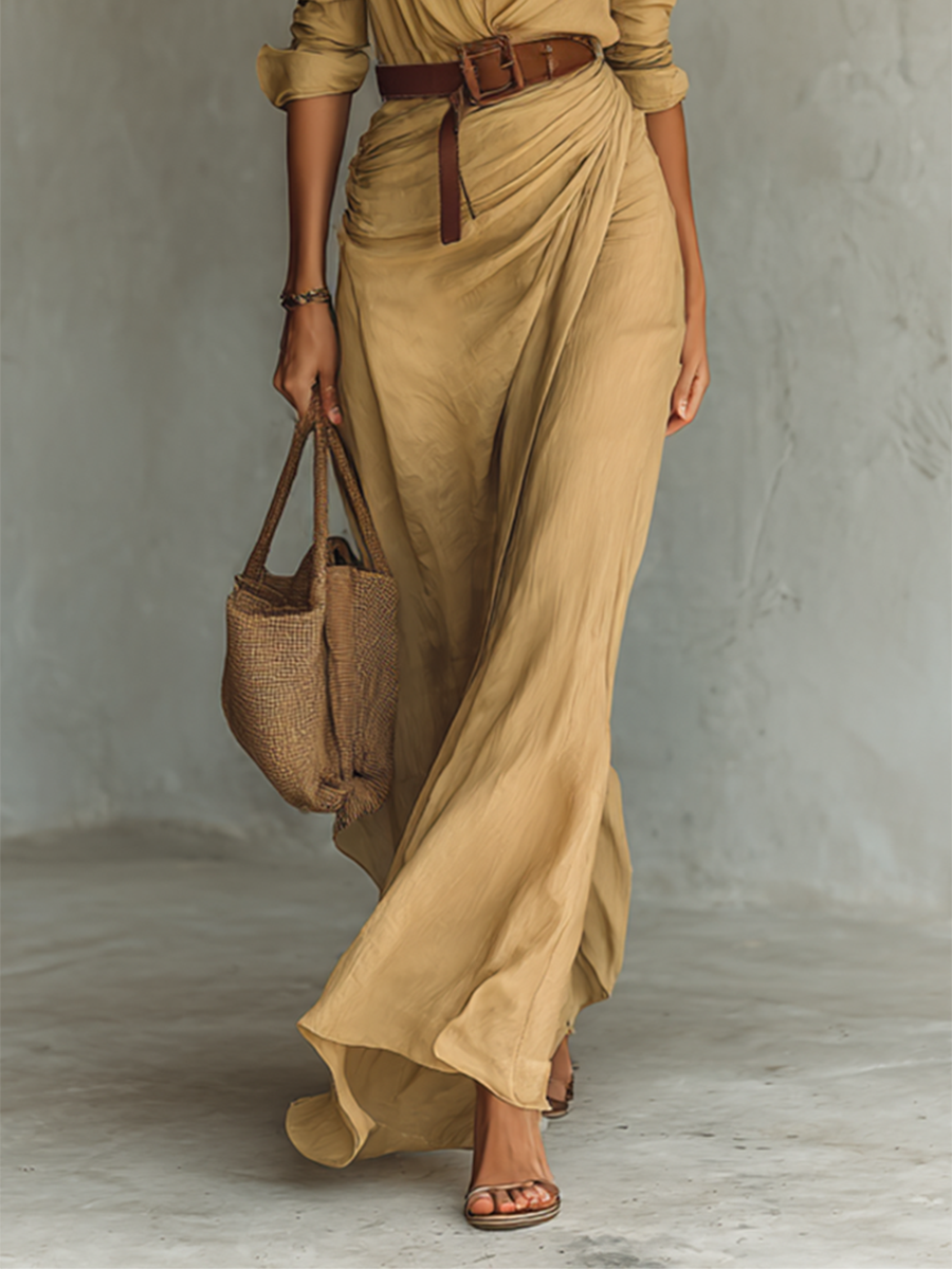 Vestido largo de lino para mujer con cuello de solapa y mangas largas.