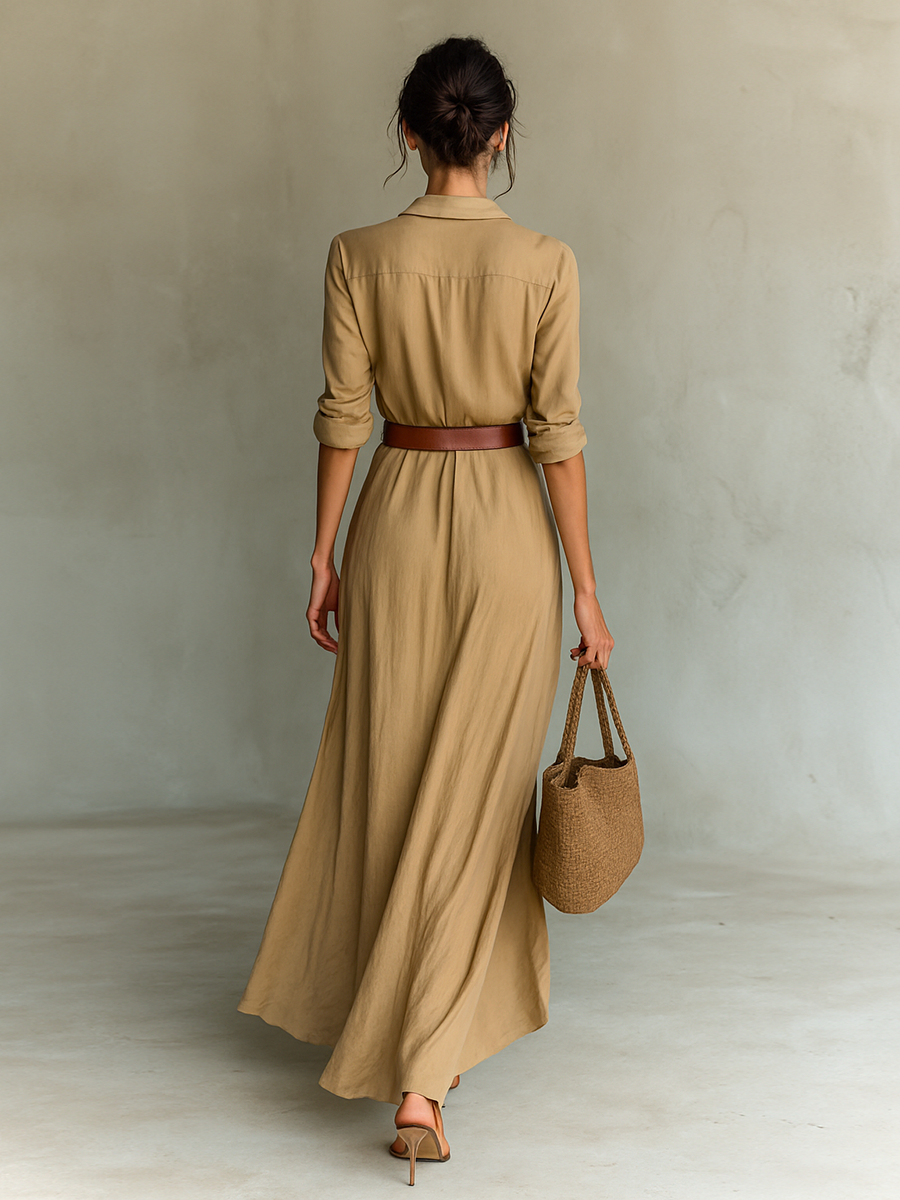 Vestido largo de lino para mujer con cuello de solapa y mangas largas.